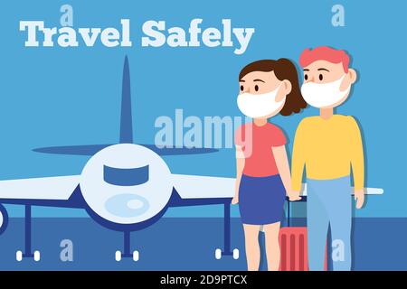 Reisen sicher Kampagne Schriftzug Poster mit Reisenden Paar trägt medizinische Masken und Flugzeug Vektor Illustration Design Stock Vektor