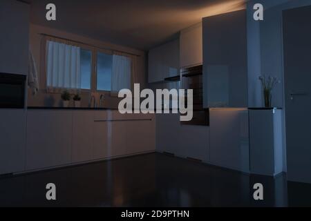 3d-Rendering der weißen eleganten Küche mit Natursteinfliesen Nachts Stockfoto