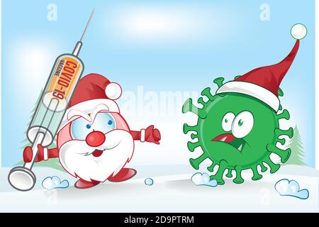 weihnachtsmann Maskottchen Kampf gegen Corona-Virus covid-19 Karikatur auf weihnachten Hintergrund Stock Vektor