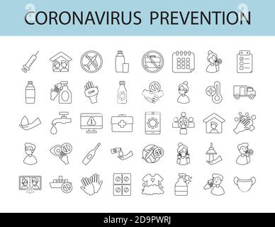 Symbole zur Verhinderung von Coronaviren auf weißem Hintergrund, Linienstil, Vektordarstellung Stock Vektor