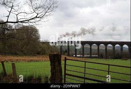 '44871' führt '45407' durch das Viadukt von Cynghordy mit einem Zug in Richtung Norden. Stockfoto