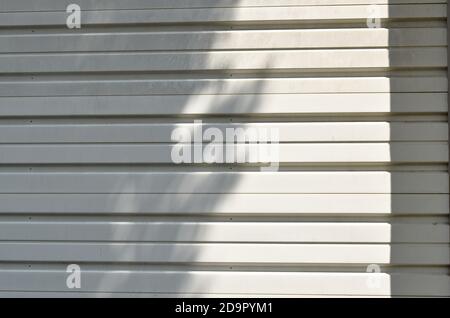Baumschatten auf weißem Eisen louvre Tür Textur und Hintergrund Stockfoto