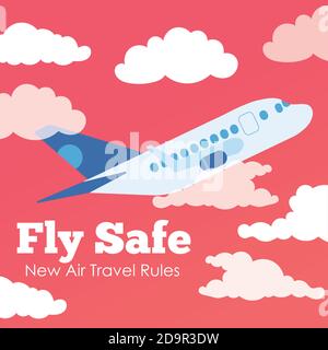 Fliegen Sie sicher Kampagne Schriftzug Poster mit Flugzeug fliegen Vektor Illustration Design Stock Vektor