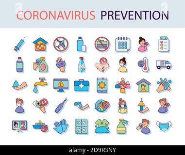 Symbole zur Verhinderung von Coronaviren auf weißem Hintergrund, flacher Stil, Vektorgrafik Stock Vektor