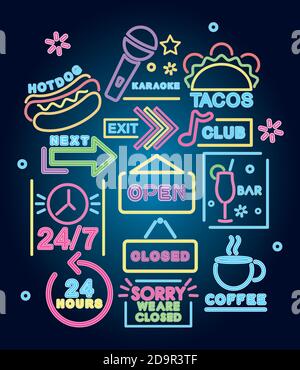 Icon Set von Neon-Schilder auf blauem Hintergrund, Vektor-Illustration Stock Vektor