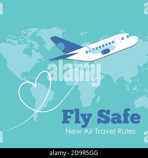 Fliegen Sie sicher Kampagne Schriftzug Poster mit Flugzeug fliegen und Erde Karten Vektor Illustration Design Stock Vektor