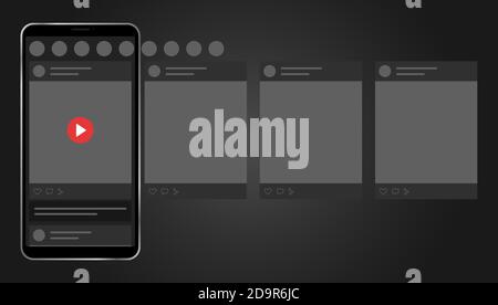 Social Media Post Karussell dunkles Thema. Handy-Bildschirme Karussell in schwarzem Hintergrund. Schnittstelle für soziale Netzwerke. Stock Vektor