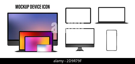 Realistische Satz von Geräten Mockups mit Monitor, Laptop, Tablet, Smartphone. White-Modus. vektor. Stock Vektor