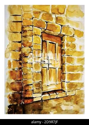 Historische Holztür und antike Steinmauer. Aquarellmalerei. Gemalt vom Fotografen. Stockfoto