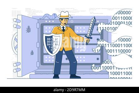 Weißer Hacker schützt das Informationssystem vor Hackerangriffen Stock Vektor