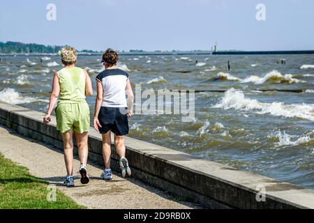 Louisiana Lake Pontchartrain Northshore, Mandeville Lakeshore Drive, Frauen Frauen ältere Senioren laufen zu Fuß, Stockfoto