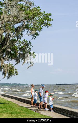 Louisiana Lake Pontchartrain Northshore, Mandeville Lakeshore Drive, Kind Kinder junge Jungen Mädchen Schwester Brüder Geschwister Fisch Angeln, Mutter Vater fa Stockfoto