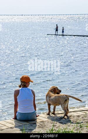 Louisiana Lake Pontchartrain Northshore, Mandeville Lakeshore Drive, Vater Sohn Fisch angeln Silhouette Wasser Causeway Entfernung, Frau weiblich Hund entspannen r Stockfoto