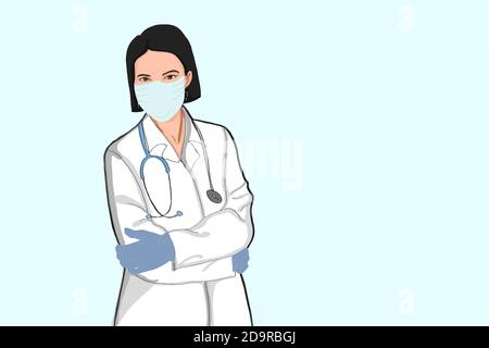 Cartoon die Frau Krankenschwester, Arzt, gesunde Arbeiter, sciencest, stehend und Halbkörper tragen Uniform und unter Gesichtsmaske und Handschuhe schützen für Pandemie Stockfoto