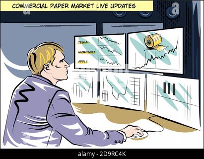 Geschäftsmann vor Monitoren Uhren für Diagramme. Comic des Tages: Situation auf dem kommerziellen Papiermarkt. Bezieht sich auf die unzureichende Nachfrage nach Toi Stockfoto