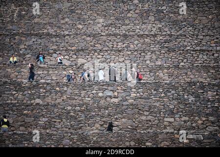 Touristen, die von der Größe der Terrassen von Pumatallis in den inkanischen Ruinen in Ollantaytambo, Peru, in den Schatten gestellt werden Stockfoto