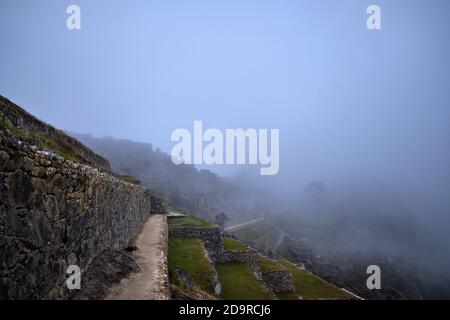 Nebel und niedrige Wolken Rollen über den Terrassen vor Sonnenaufgang in den Ruinen von Machu Picchu, Peru Stockfoto