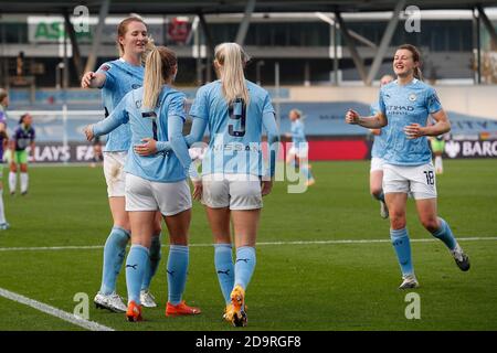 MANCHESTER, ENGLAND. 7. NOVEMBER Citys Laura Coombs feiert den 2-1. November während des Barclays FA Women's Super League-Spiels zwischen Manchester City und Bristol City im Academy Stadium, Manchester am Samstag, 7. November 2020. (Kredit: Chris Donnelly, MI News) Kredit: MI Nachrichten & Sport /Alamy Live Nachrichten Stockfoto