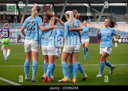 MANCHESTER, ENGLAND. 7. NOVEMBER Citys Laura Coombs feiert den 2-1. November während des Barclays FA Women's Super League-Spiels zwischen Manchester City und Bristol City im Academy Stadium, Manchester am Samstag, 7. November 2020. (Kredit: Chris Donnelly, MI News) Kredit: MI Nachrichten & Sport /Alamy Live Nachrichten Stockfoto