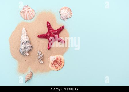 Urlaub, Sommerurlaub. Komposition mit Sand und Muscheln, Draufsicht. Leerzeichen für Text. Layout für Ideen. Stockfoto