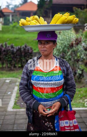 Ubud, Bali, Indinesien - 04. MÄRZ 2013:. Balisese Frau Verkauf Maiskolben, um Geld zu verdienen, an die Menschen, die in den Tempel geht. Stockfoto