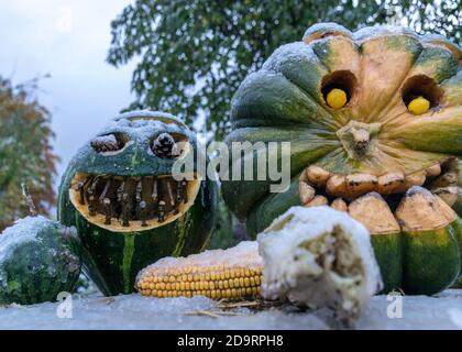 Erster Schnee, geschnitzte dekorative Kürbisse im Garten, erster Schnee auf Kürbisdekoren, halloween, Kürbisdekor, Herbstzeit Stockfoto