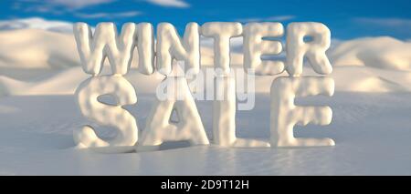 WINTER VERKAUF Text große Buchstaben mit Weihnachtsschnee auf einer verschneiten Landschaft bedeckt, blauer Himmel Hintergrund. Weihnachtszeit Shopping Verkaufskonzept. 3d-Illustration Stockfoto
