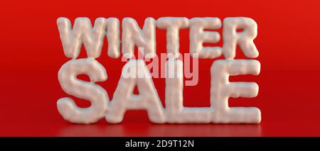 WINTER VERKAUF Text große Buchstaben mit Weihnachtsschnee auf rotem Hintergrund bedeckt. Weihnachtszeit Shopping Verkaufskonzept. 3d-Illustration Stockfoto