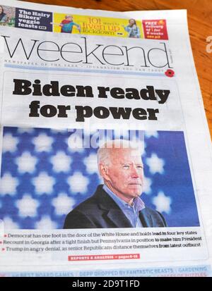 Joe 'Biden ready for Power' ich Zeitung Überschrift 7 November 2020 der Tag, an dem er & Kamala Harris Democrats die gewinnen Präsidentschaftswahl London England Großbritannien Stockfoto