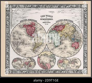 Die Welt -- östliche und westliche Hemisphäre. Eine 1863 veröffentlichte Karte mit zwei Hemisphären mit zusätzlichen Hemisphären-Projektionen und einem Diagramm, das die großen Flusslängen vergleicht. Stockfoto