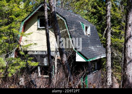 Verlassene Hütte im Wald. Das Glas fehlt an den Fenstern, die Abstellgleise fällt ab, das Dach ist in schlechtem Zustand. Die Hütte wird durch Bäume gesehen. Stockfoto