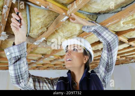 Bauherrin mit Schraubendreher bei Dachsanierung Stockfoto