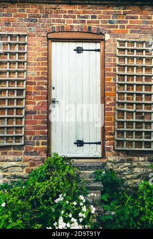 Schöne ländliche weiße rustikale Tür mit von Unkraut Treppen überwuchert, britische Landhaus in der Mitte des Nirgendwo. Stockfoto