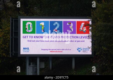 Schottlands 5-stufiges Lockdown-Level oder Tiers-System, das am 2. November 2020 in Kraft trat - beleuchtete Plakatwand - Glasgow, Schottland, Großbritannien Stockfoto
