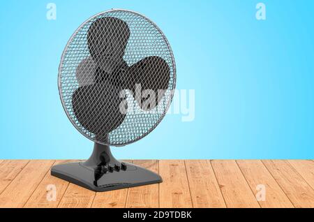 Tischventilator auf den Holzplanken, 3D-Rendering Stockfoto