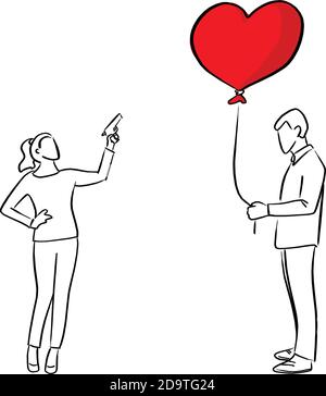 Frau versucht, den roten Herz Form Ballon eines Mannes Vektor Illustration Skizze Doodle Hand mit schwarzen Linien isoliert auf weißem Hintergrund schießen. Stock Vektor