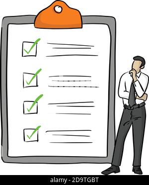 Geschäftsmann steht in der Nähe große komplette Checkliste mit grünen Markierungen vektorgrafik mit schwarzen Linien isoliert auf weißem Hintergrund Stock Vektor