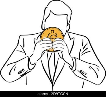 Geschäftsmann mit großen goldenen Münze Vektor Illustration Skizze Doodle Hand Gezeichnet mit schwarzen Linien isoliert auf weißem Hintergrund Stock Vektor