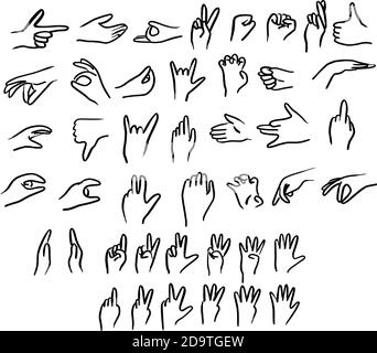 Menschliche Hand Gesten Set Vektor Illustration Skizze Doodle Hand gezeichnet Mit schwarzen Linien isoliert auf weißem Hintergrund Stock Vektor