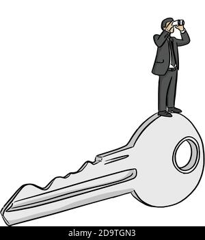 Geschäftsmann Blick durch ein Teleskop auf großen Erfolg Schlüsselvektor Illustration Skizze Doodle Hand gezeichnet mit schwarzen Linien isoliert auf Weißer Hintergrund Stock Vektor