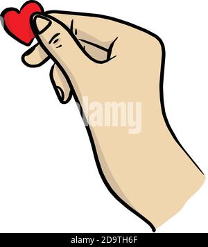 Hand hält kleine rote Herz Form Vektor Illustration Skizze Doodle Handgezeichnet mit schwarzen Linien isoliert auf weißem Hintergrund Stock Vektor