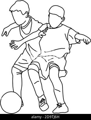 Zwei Jungen spielen Fußball Vektor Illustration Skizze Doodle Hand gezeichnet Mit schwarzen Linien isoliert auf weißem Hintergrund Stock Vektor