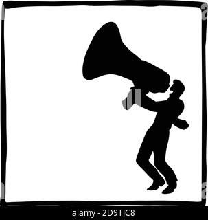 Silhouette Geschäftsmann mit einem großen Megaphon Vektor Illustration Skizze Doodle Hand gezeichnet isoliert auf weißem quadratischen Rahmen Hintergrund. Geschäftskonzept. Stock Vektor