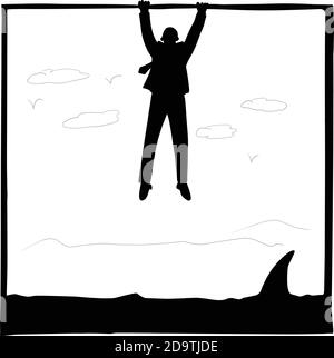 Silhouette Geschäftsmann hält einen Rahmen über einem Hai Vektor Illustration Skizze Doodle Hand gezeichnet isoliert auf weißem quadratischen Hintergrund. Unternehmensinvestition Stock Vektor