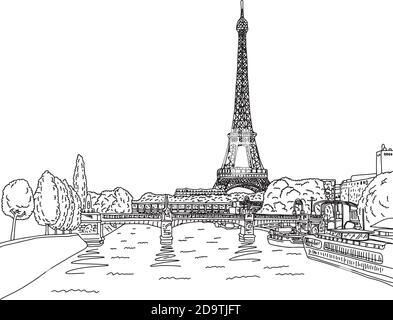 eiffelturm in paris mit lamdscape Vektor Illustration Skizze Doodle Handgezeichnet mit schwarzen Linien isoliert auf weißem Hintergrund Stock Vektor