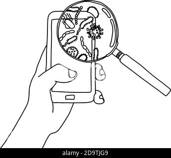 Hand halten Handy mit Keimen in Lupe Vektor Illustration Skizze Doodle Hand gezeichnet mit schwarzen Linien isoliert auf Weißer Hintergrund Stock Vektor
