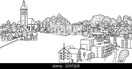 Kleines Dorf in europa Vektor-Illustration Skizze Doodle Hand gezeichnet mit schwarzen Linien isoliert auf weißem Hintergrund. Copyspace. Stock Vektor