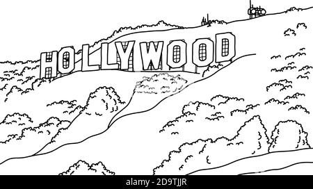 Beliebte Inschrift Hollywood Zeichen Vektor Illustration Skizze Doodle Hand gezeichnet Mit schwarzen Linien isoliert auf weißem Hintergrund Stock Vektor