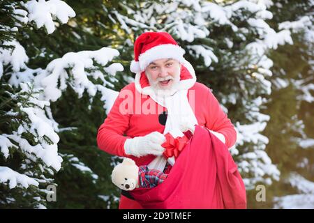 Weihnachtsmann mit riesigem roten Sack auf Tannenverschneite Ast. Frohe Weihnachten und Silvester Konzept. Stockfoto