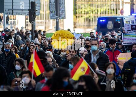 Madrid, Spanien. November 2020. Personen, die gegen Beschränkungen des Coronavirus (COVID-19) protestieren. Die Menschen versammeln sich zu einer Demonstration der Gruppe "Polizei für Freiheit", die gegen die Verwendung von Gesichtsmasken, Impfstoffen und von der Regierung verhängten Restriktionsmaßnahmen protestiert, um die Ausbreitung des Coronavirus zu stoppen. Quelle: Marcos del Mazo/Alamy Live News Stockfoto